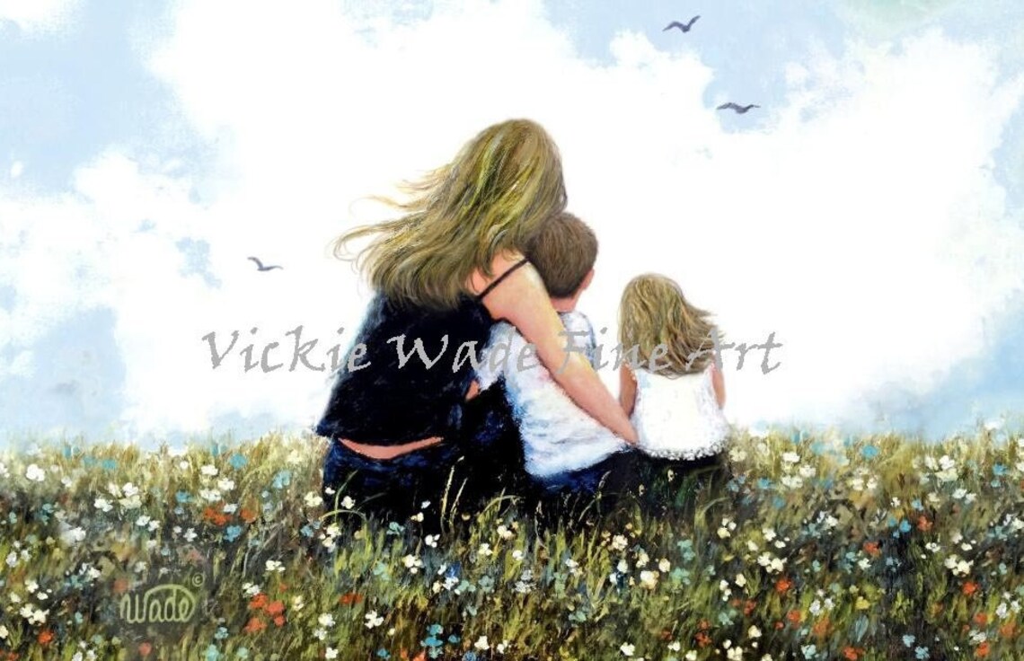 Loving Mother Hugging Son And Daughter In Wildflower Meadow Art Poster - Image 2