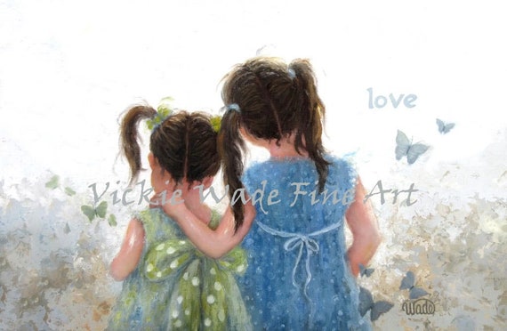 Two Sisters Art Print Two Girls Loving Sisters Childrens Wall Art Girls Bedroom Art Butterflies Art Pigtails Sister Love Vickie Wade