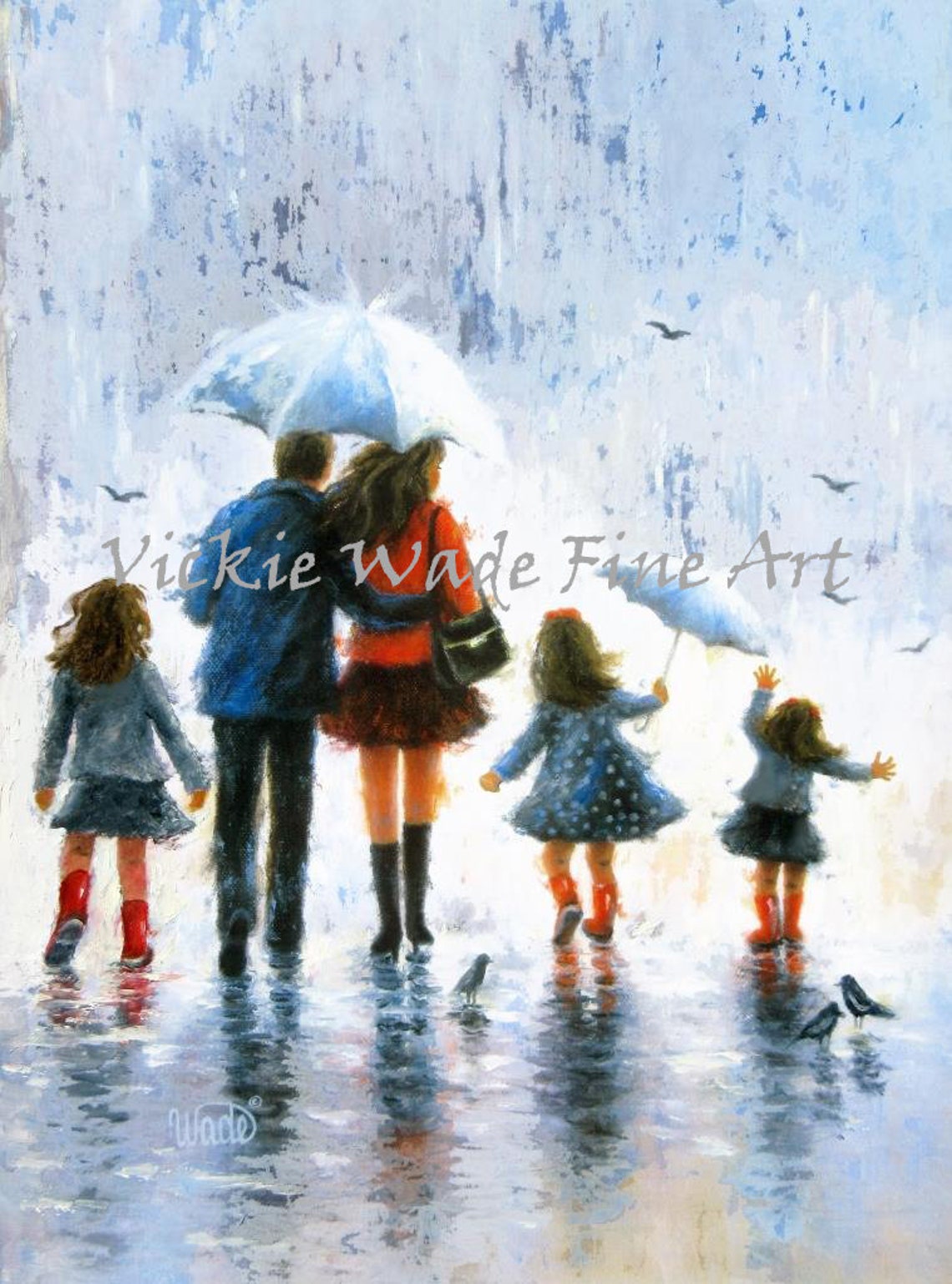 Family Art Print Three Daughters Father Mother Three Girls Three Sisters Rain Family Wall Art Dad And Mom Art Umbrellas Vickie Wade Art