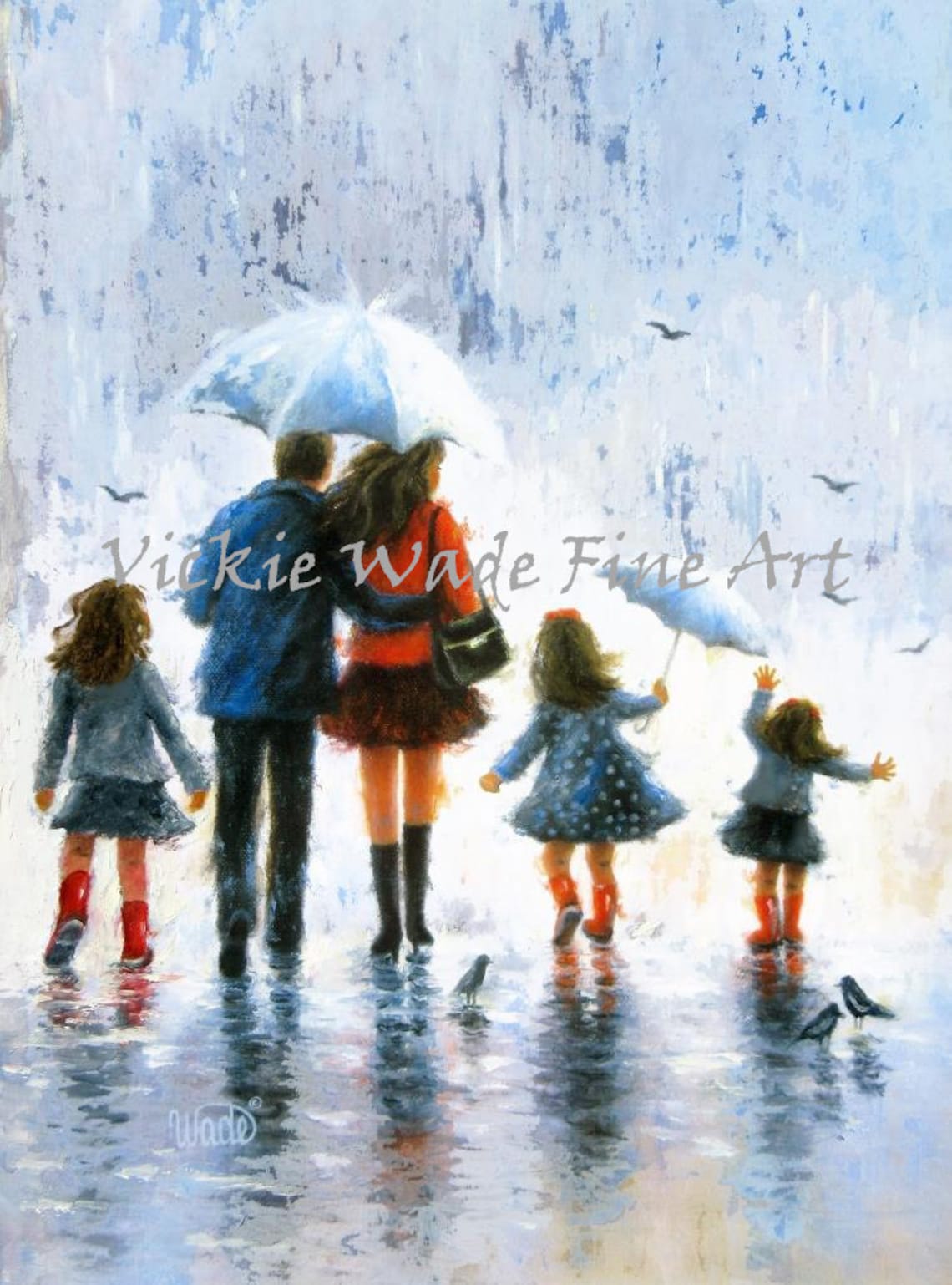 Rainy Family Walk Parents and Three Daughters in Red Boots Poster