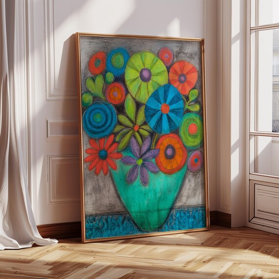 Whimsical Colorful Flower Bouquet Teal Vase Folk Art Floral Decor Poster