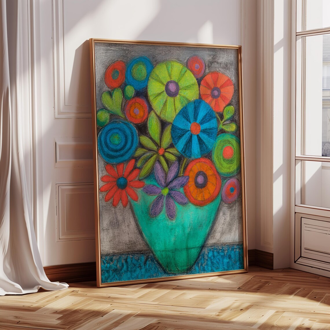 Whimsical Colorful Flower Bouquet Teal Vase Folk Art Floral Decor Poster