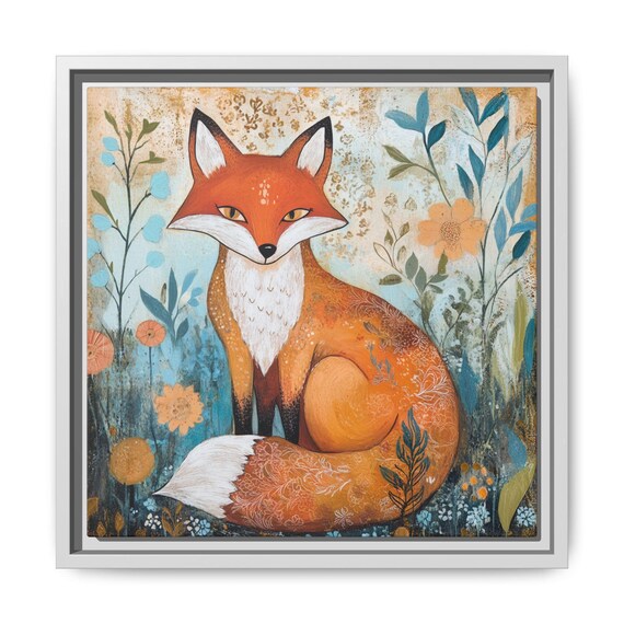 Sitting Fox with Patterned Tail Blue Floral Nursery Art Print