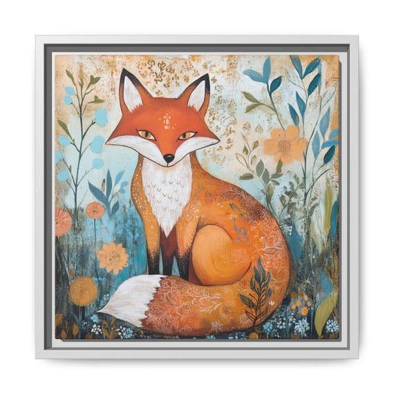 Whimsical Nursery Print Wall Art Boho Decor Floral Fox Painting Poster Multicolor Safari Kids Room