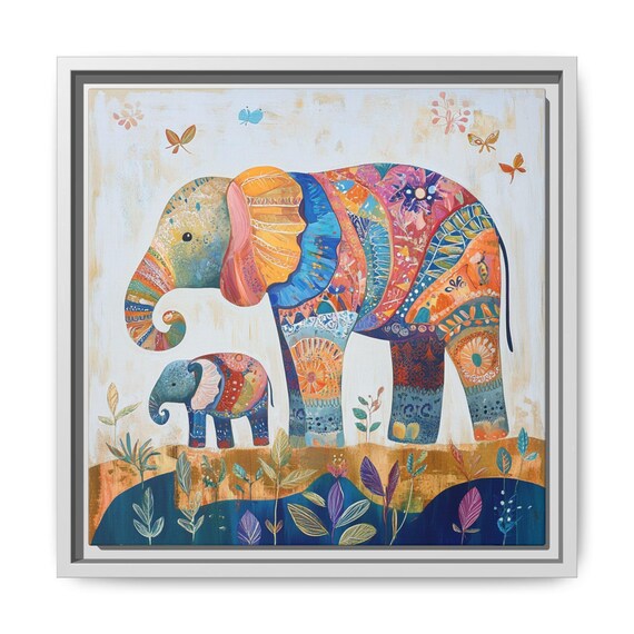Patchwork Rainbow Elephant Mother Baby Butterflies Nursery Poster Art