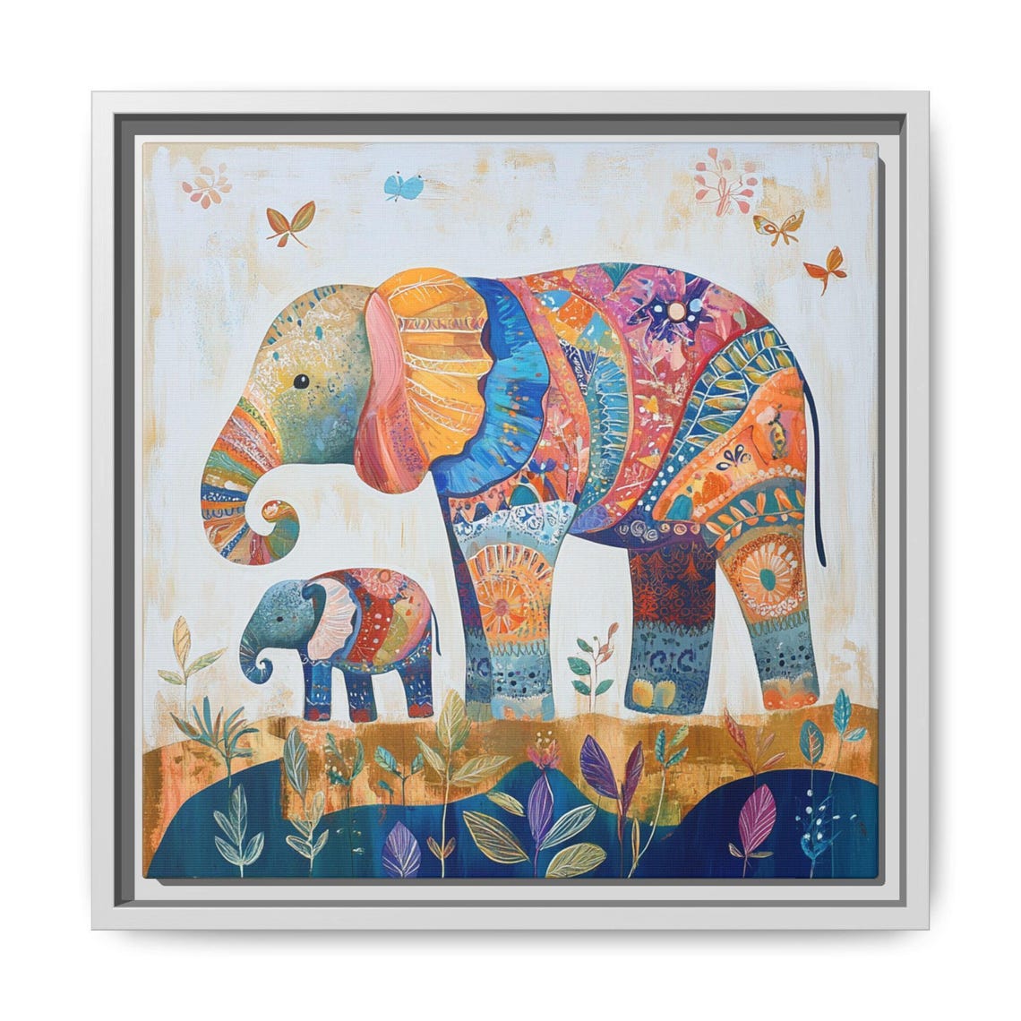 Patchwork Rainbow Elephant Mother Baby Butterflies Nursery Poster Art