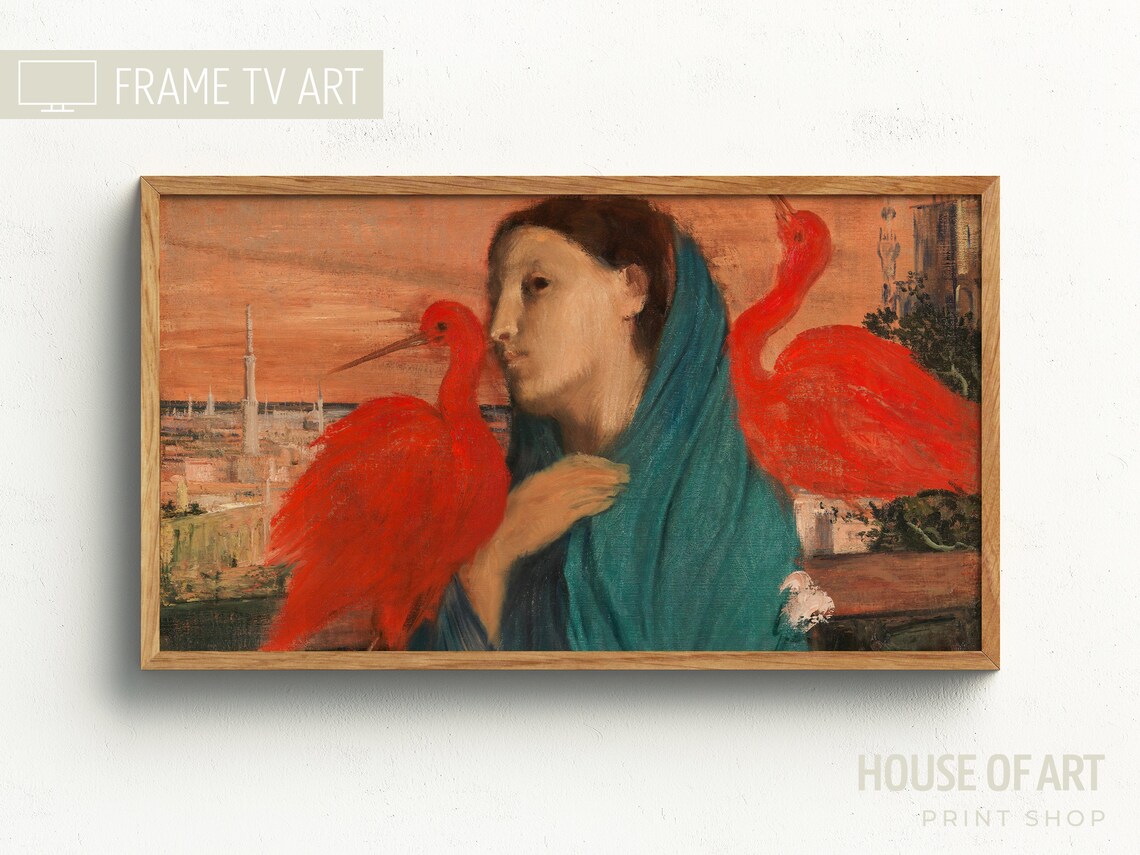 Young Woman With Two Red Birds Vintage Portrait Painting Art Poster