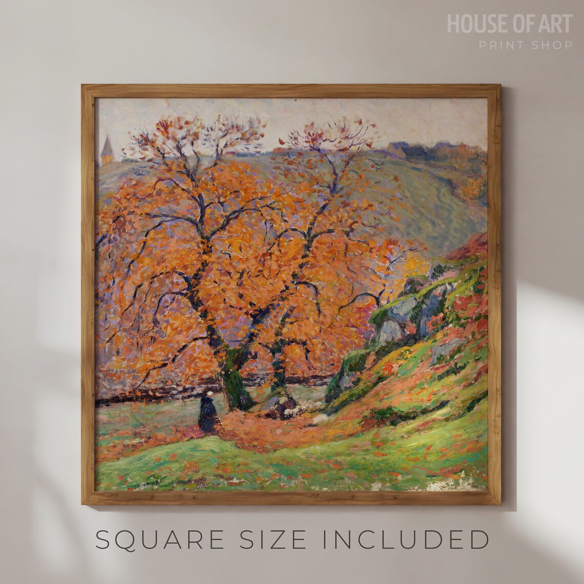 Impressionist Autumn Countryside Orange Tree Village Church Oil Poster - Image 2
