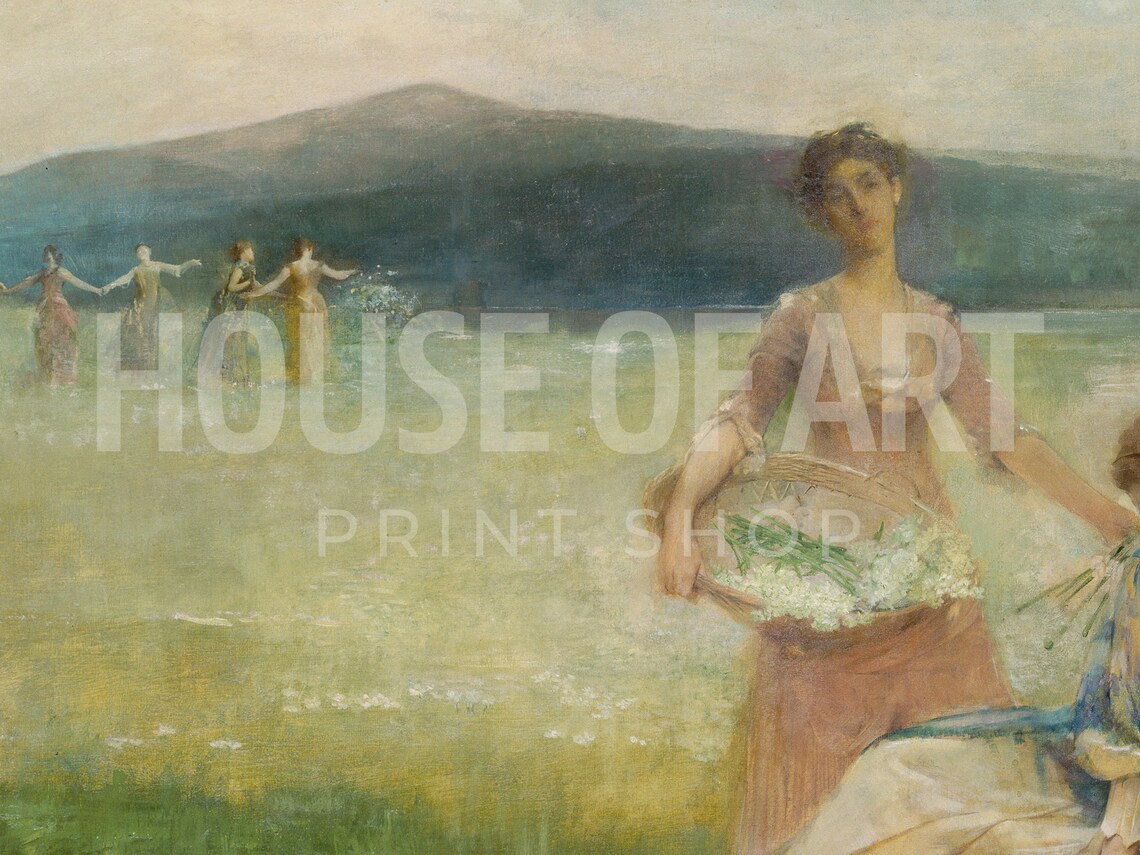 Elegant Women Dancing In Summer Meadow Romantic Vintage Oil Art Print - Image 2