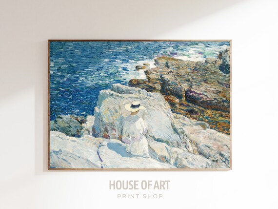 Woman in White on Rocky Coastline Impressionist Ocean Waves Vintage Art Print