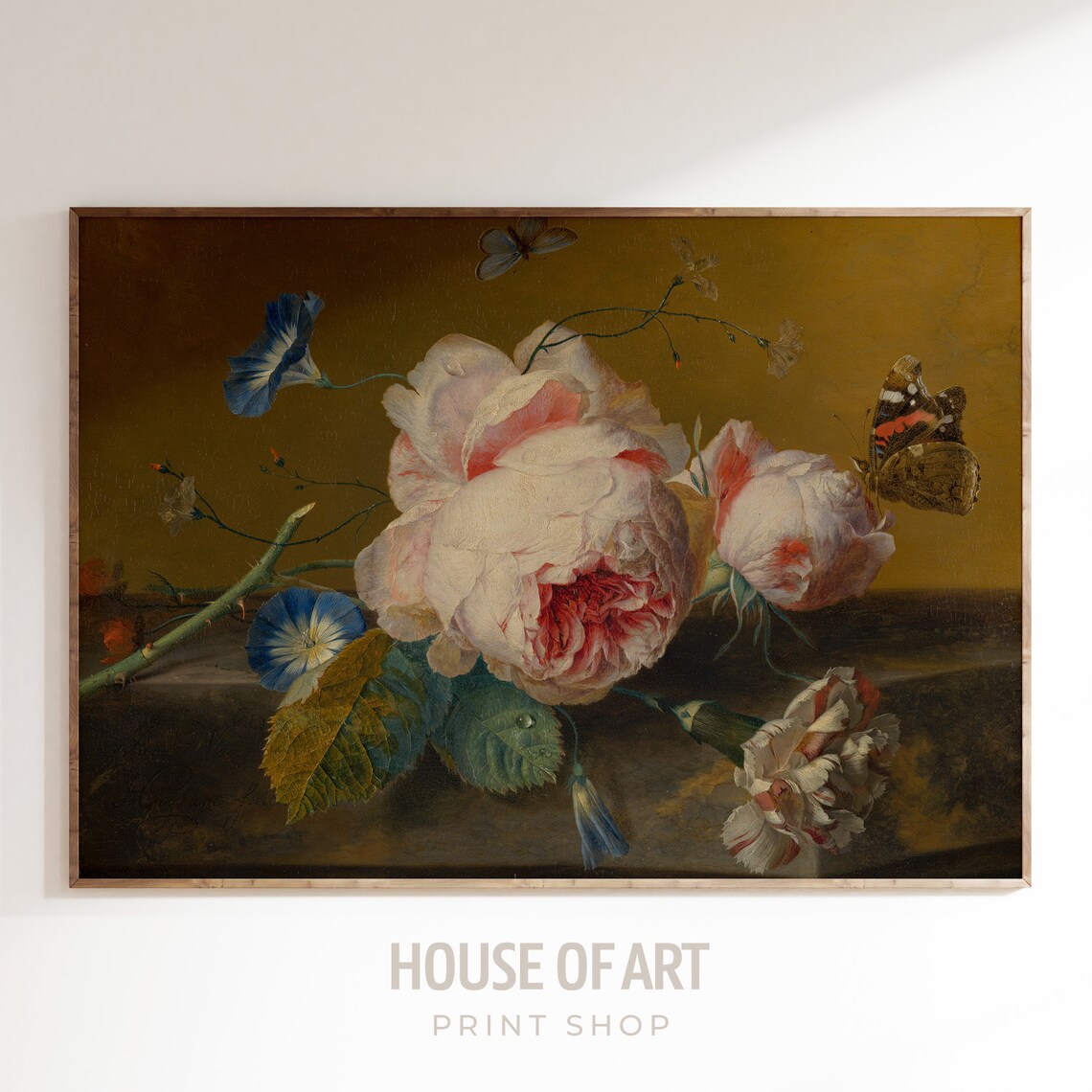 Pink Roses Butterflies Dutch Floral Oil Painting Still Life Poster