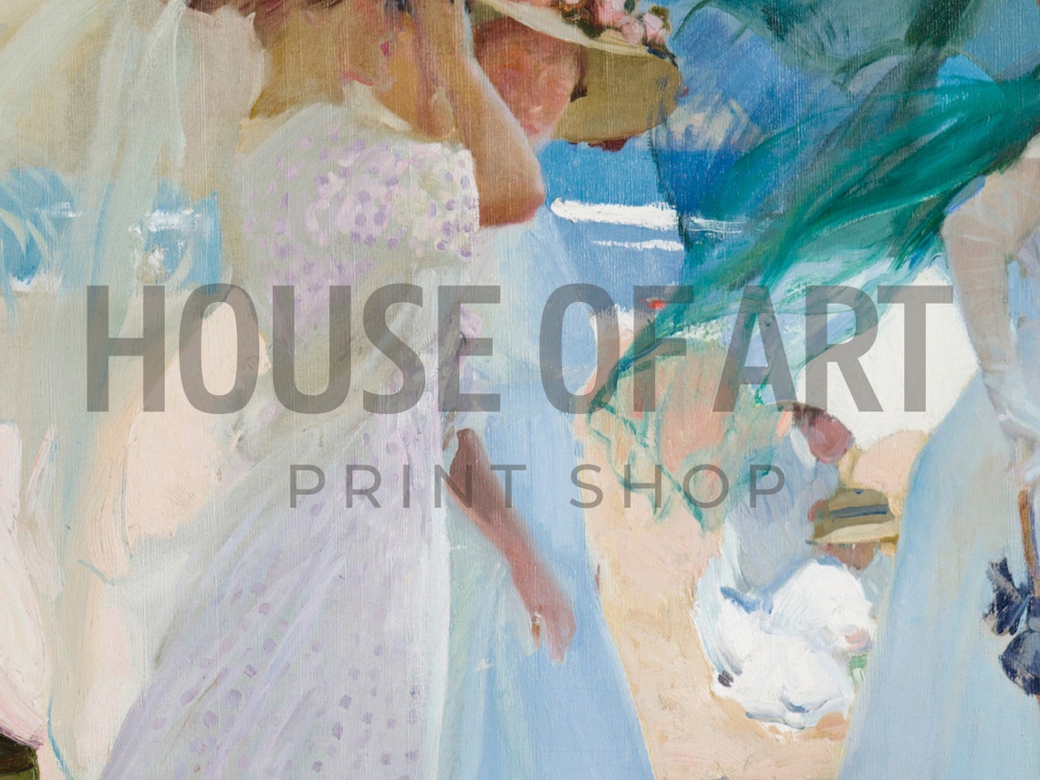 Women In White Dresses Windy Beach Day Summer Scene Art Poster - Image 2