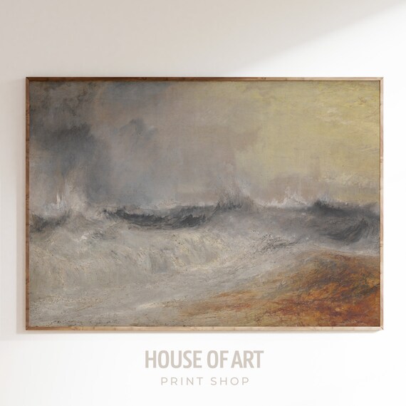 Stormy Sea Waves Oil Painting Moody Grey Ocean Landscape Wall Art Poster