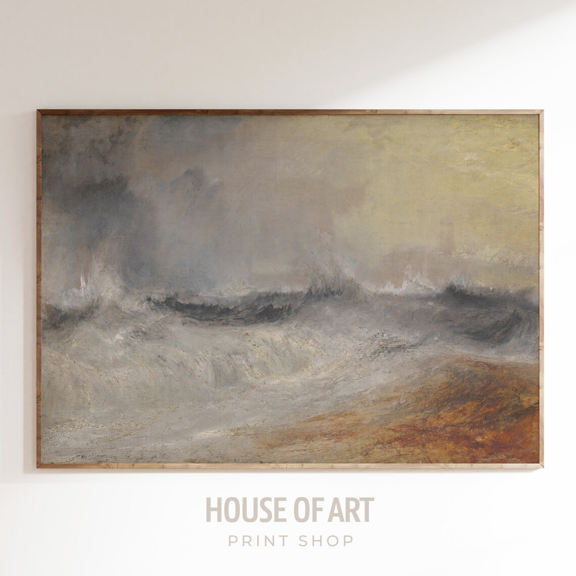 Stormy Sea Waves Oil Painting Moody Grey Ocean Landscape Wall Art Poster