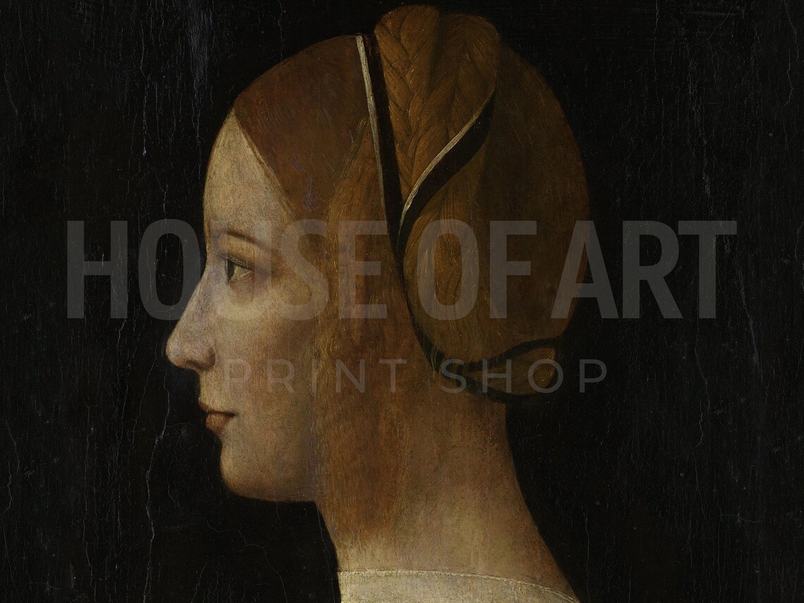 Renaissance Profile Portrait Woman Braided Red Hair Dark Oil Painting Print - Image 2