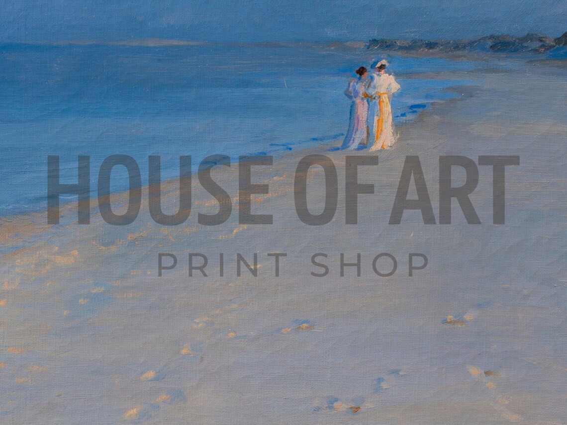 Moonlit Beach Night Walk Blue Hour Coastal Oil Painting Print - Image 2