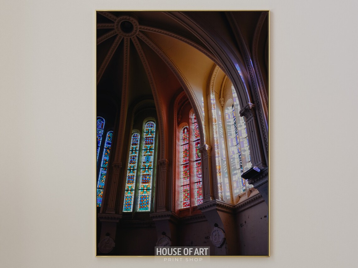Gothic Church Interior Stained Glass Windows Vaulted Ceiling Photo Print - Image 3
