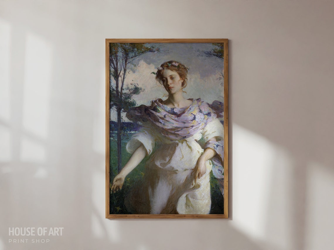 Dreamy Female Portrait Art Woman In Summer Instant Print Romantic Nymph White Dress Purple Scarf Oil Painting
