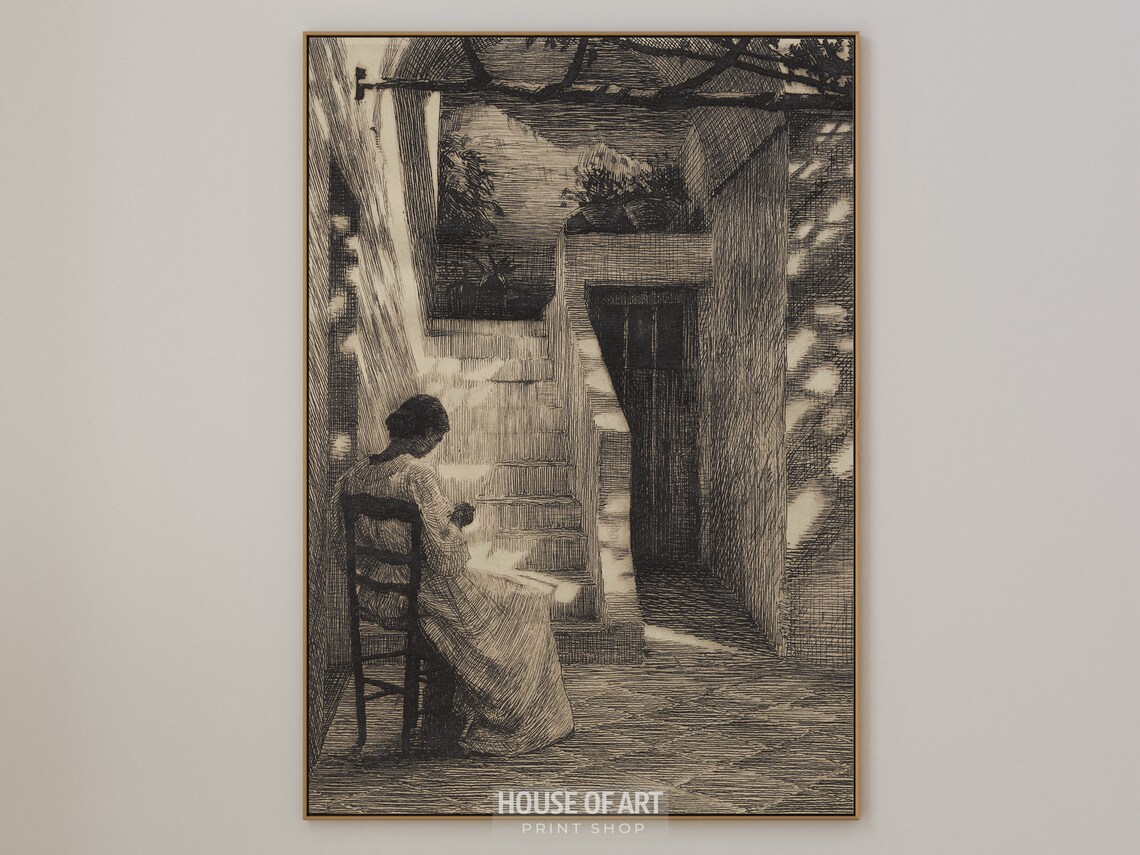 Vintage Sepia Etching Woman Seated Terrace Stairs Sunlight Art Print Poster