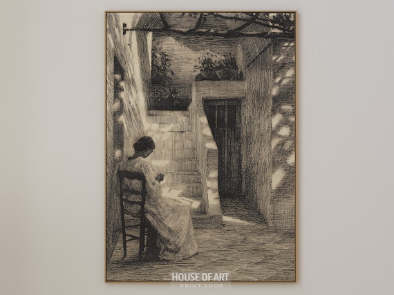 Vintage Sepia Etching Woman Seated Terrace Stairs Sunlight Art Print Poster