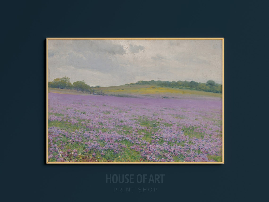Meadow Landscape Painting Vintage Country Landscape Print Wildflower Landscape Farmhouse Decor Country Field Wall Art Purple Bluebonnets - Image 3