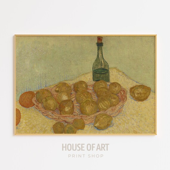 Basket Of Lemons And A Bottle Symphony In Yellow Oil Painting Fruit Basket Still Life Gallery Wall Print Wall Art