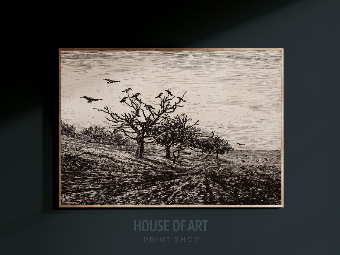 Tree With Crows, Vintage Moody Landscape Art Print - Image 2