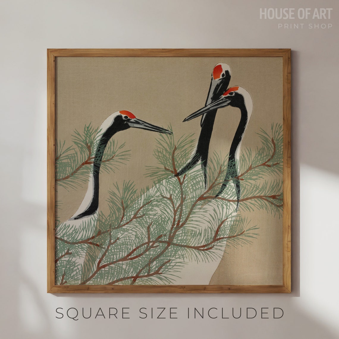 Three Red Crowned Cranes Pine Japanese Woodcut Bird Art Poster - Image 2