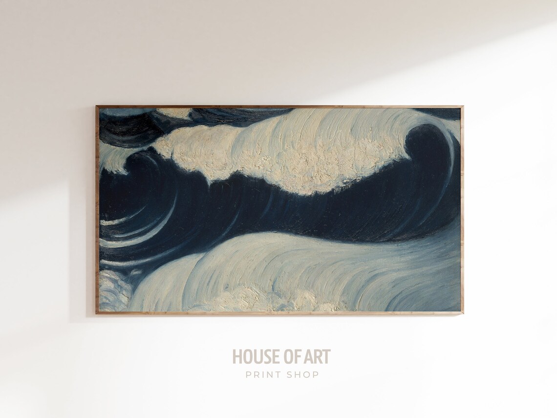 Dynamic Ocean Waves Painting Navy Blue Crashing Surf Vintage Art Print - Image 3
