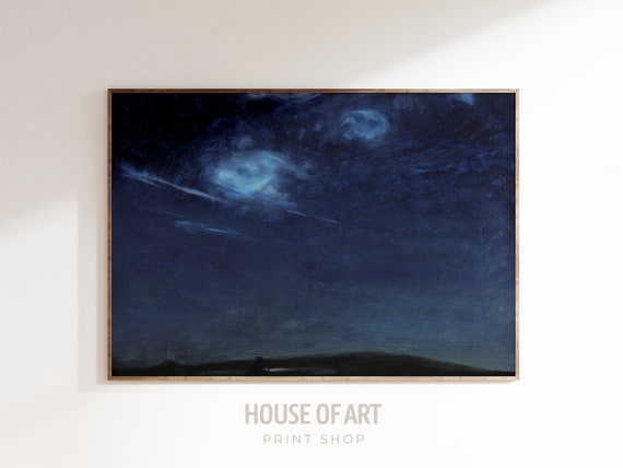 Cloud Wall Art Night Sky Print Vintage Oil Painting Indigo Art Sky Wall Art Black Wall Art Above Bed Decor Dark Wall Art