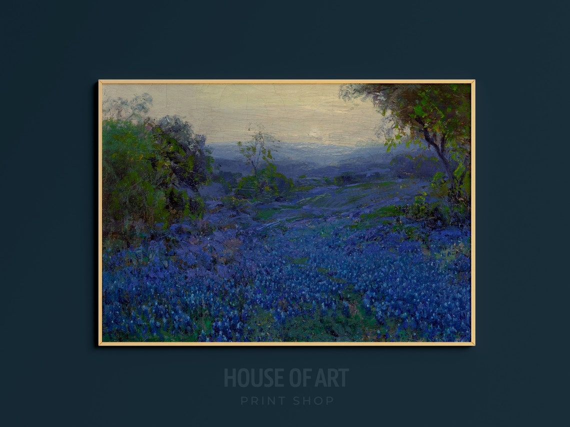 Meadow Landscape Painting Bluebonnet Field Vintage Country Landscape Print Wildflower Landscape Farmhouse Decor Country Field Wall Art - Image 3