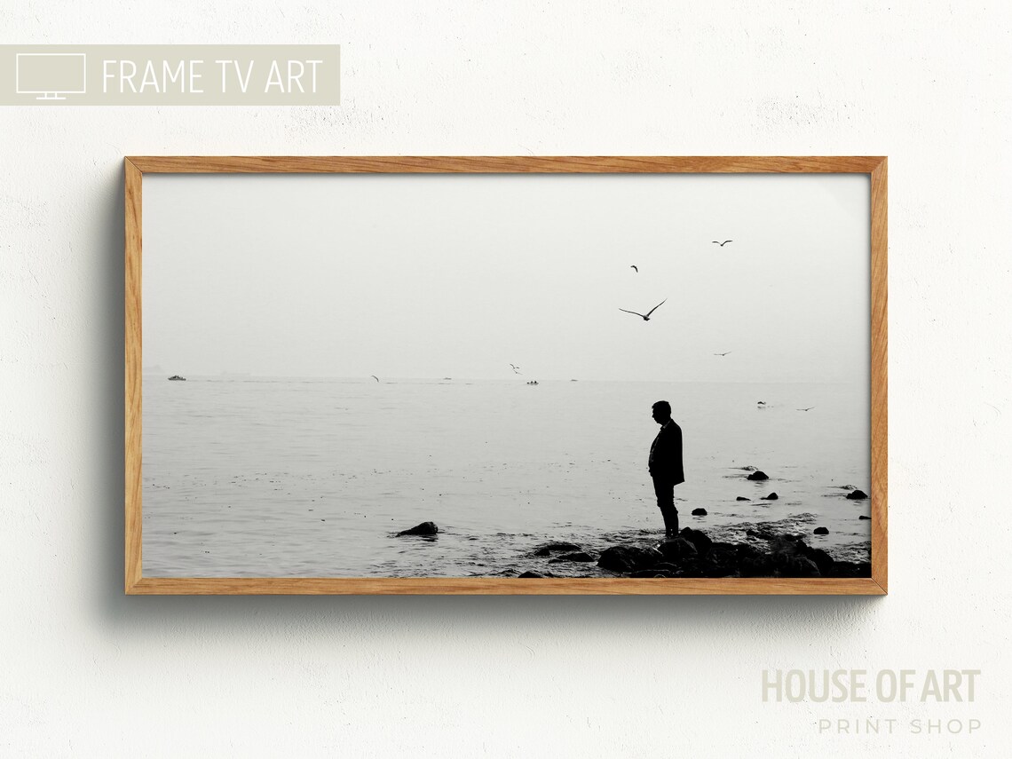 Minimalist Black And White Photo Man On Rocky Shore Birds Wall Art Print - Image 3