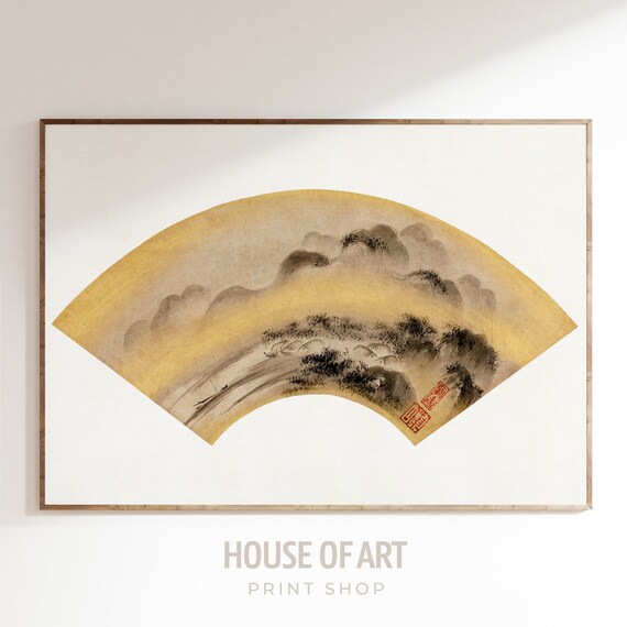Japanese Fan Painting Asian Wall Art Mountain Landscape Japanese Wall Art Antique Gold Wall Art Wall Art
