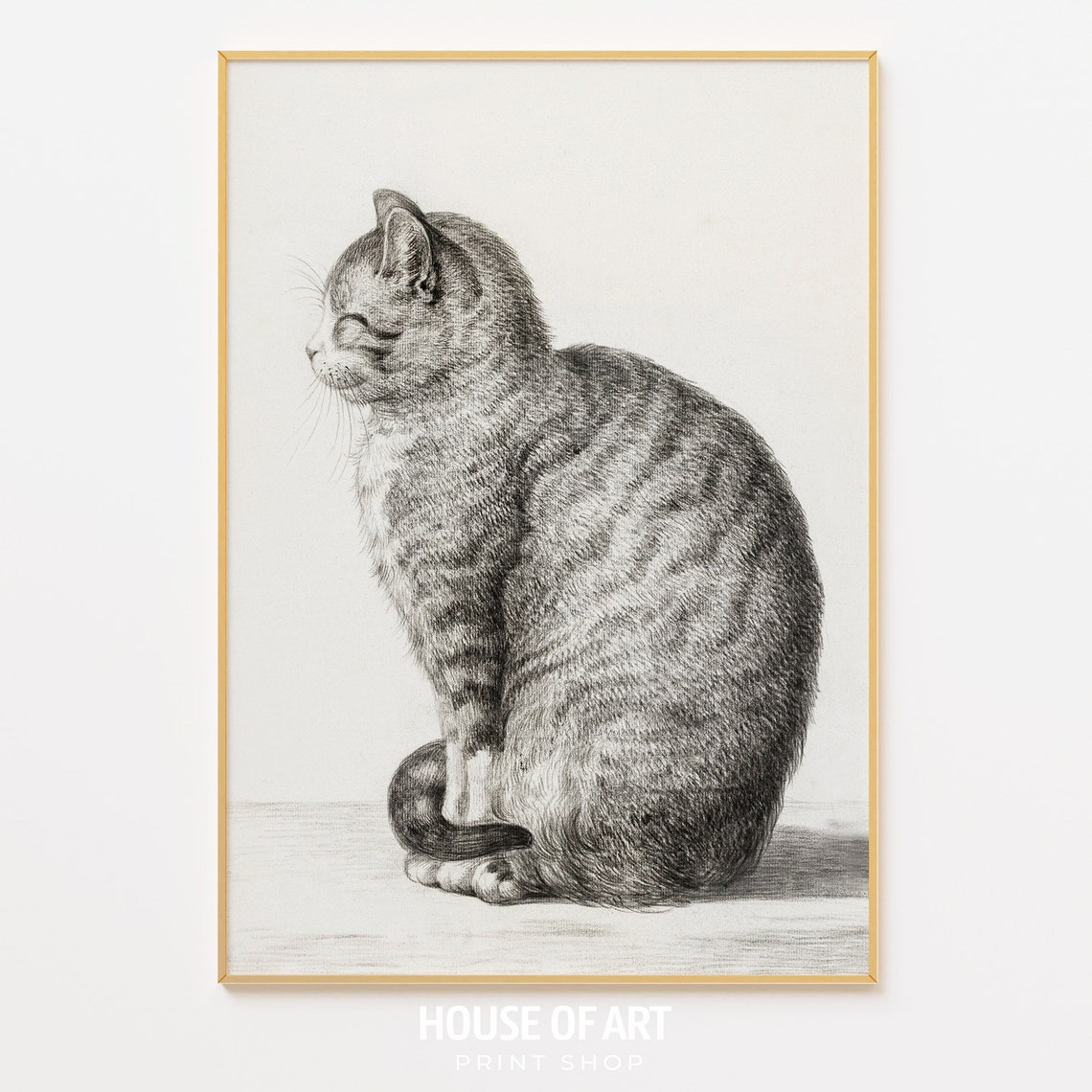 Sitting Tabby Cat Pencil Sketch Vintage Feline Drawing Print - Image 3