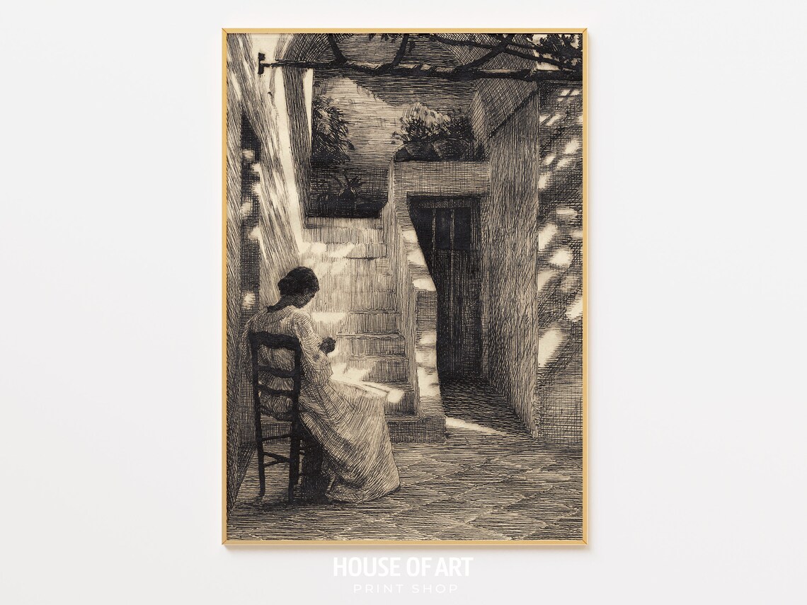 Vintage Sepia Etching Woman Seated Terrace Stairs Sunlight Art Print Poster - Image 2