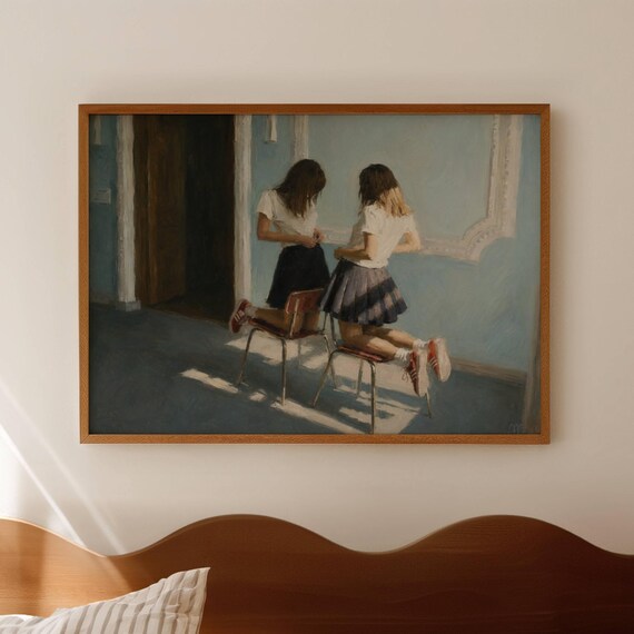 Two Girls On Chairs Oil Painting Print Horizontal Above Bed Contemporary Figurative Wall Art Hand Drawn Mid Century Retro Poster