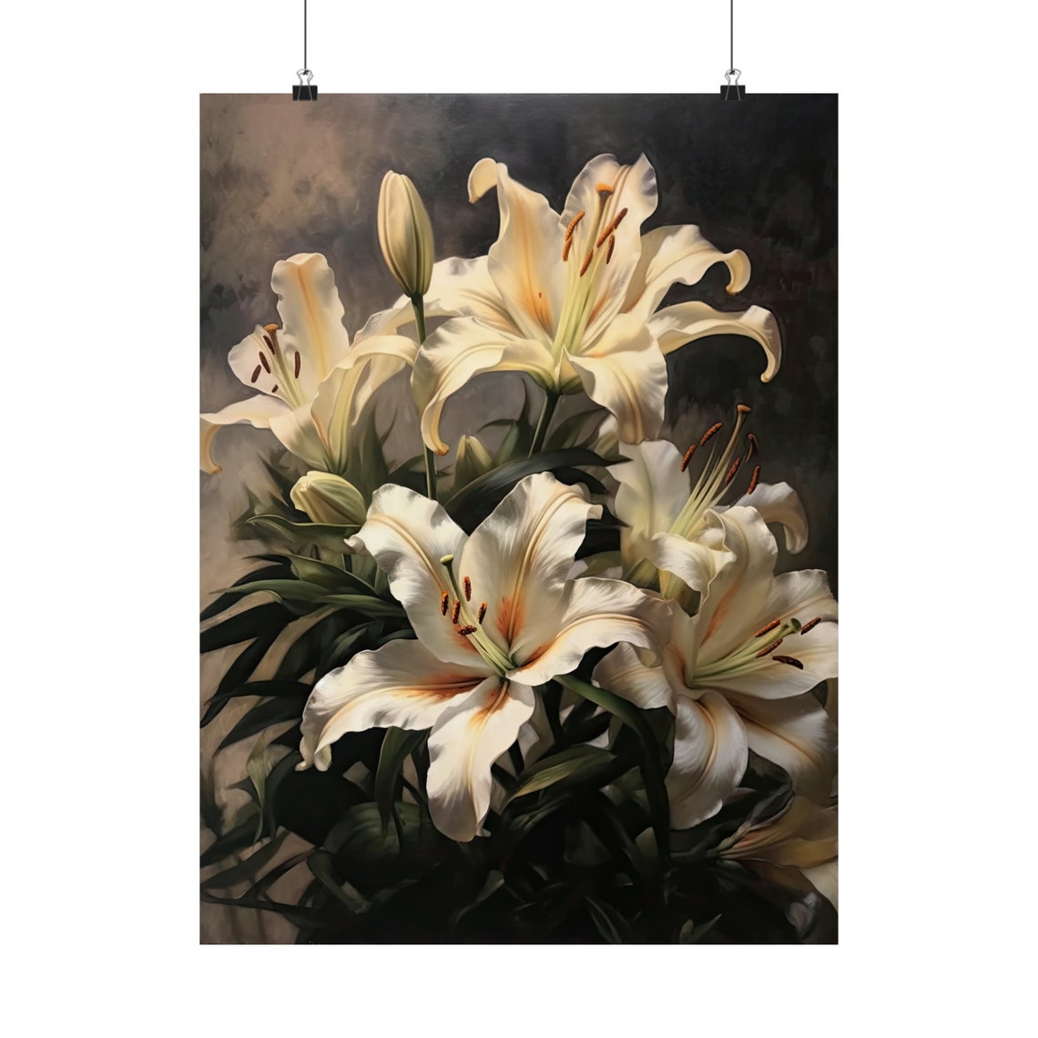 Cream Lily Blooms and Buds Ivory Dark Floral Botanical Art Print - Image 5