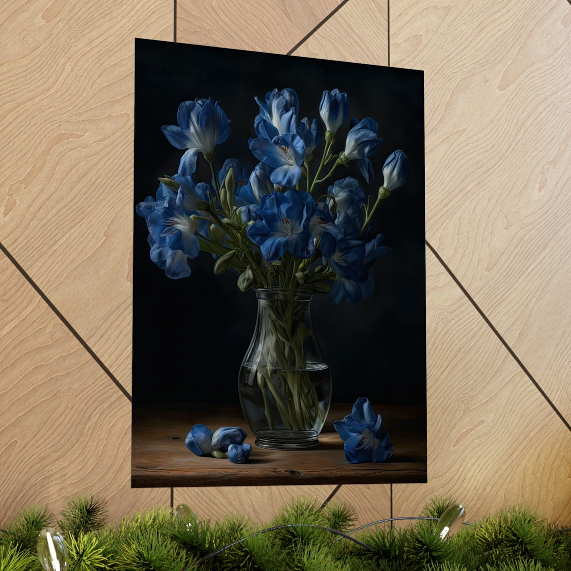 Cornflower Blue Freesia Bouquet Glass Vase Dark Still Life Poster - Image 2