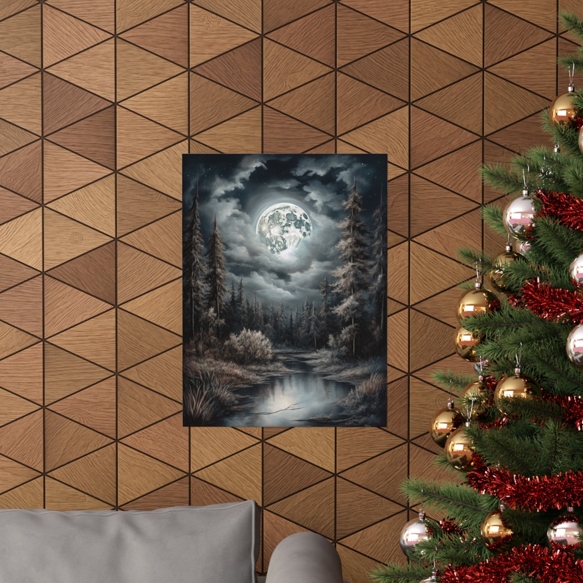 Full Moon Glowing Over Misty Forest Lake Silver Night Art Print - Image 3