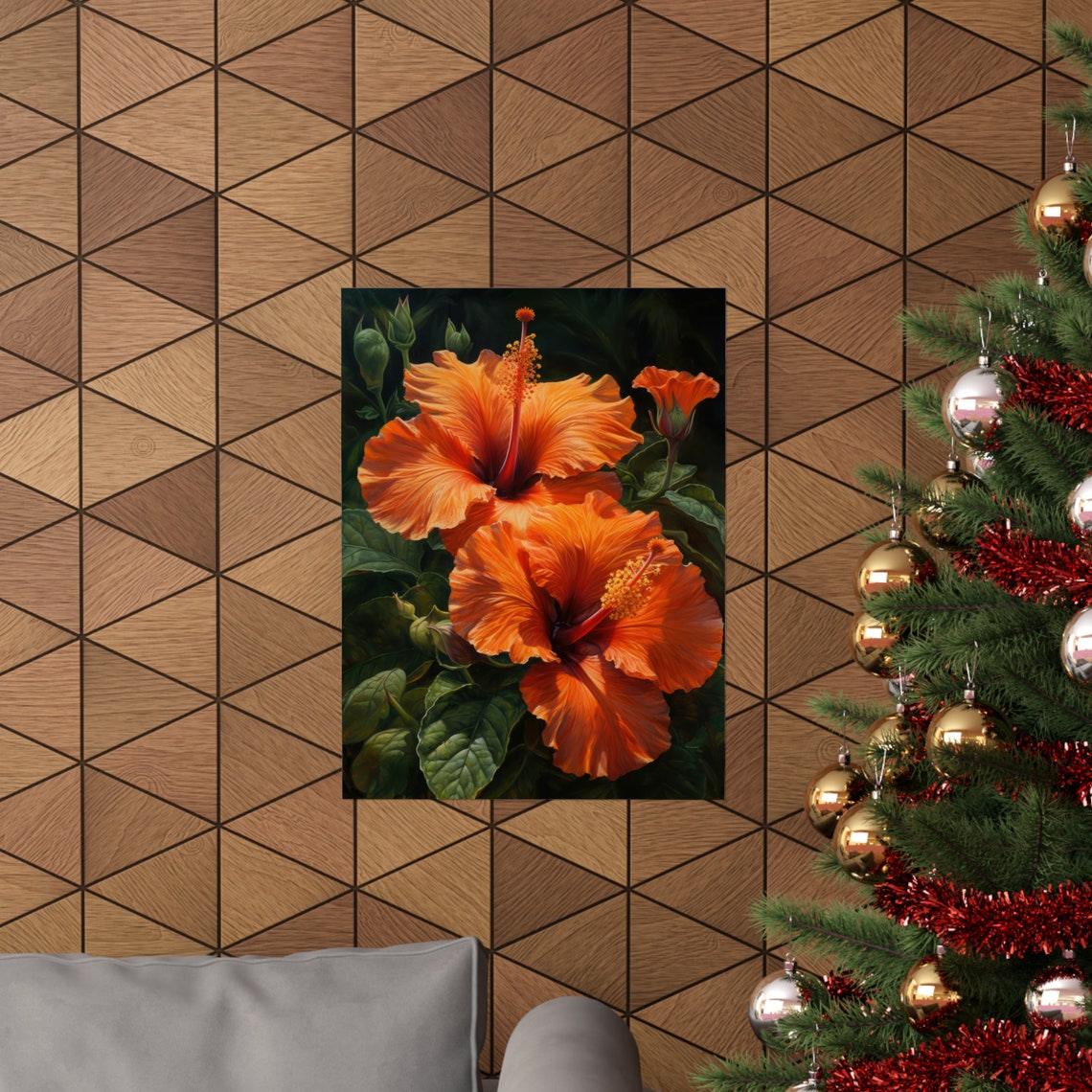 Orange Hibiscus Blooms Dark Tropical Floral Botanical Art Print - Image 3