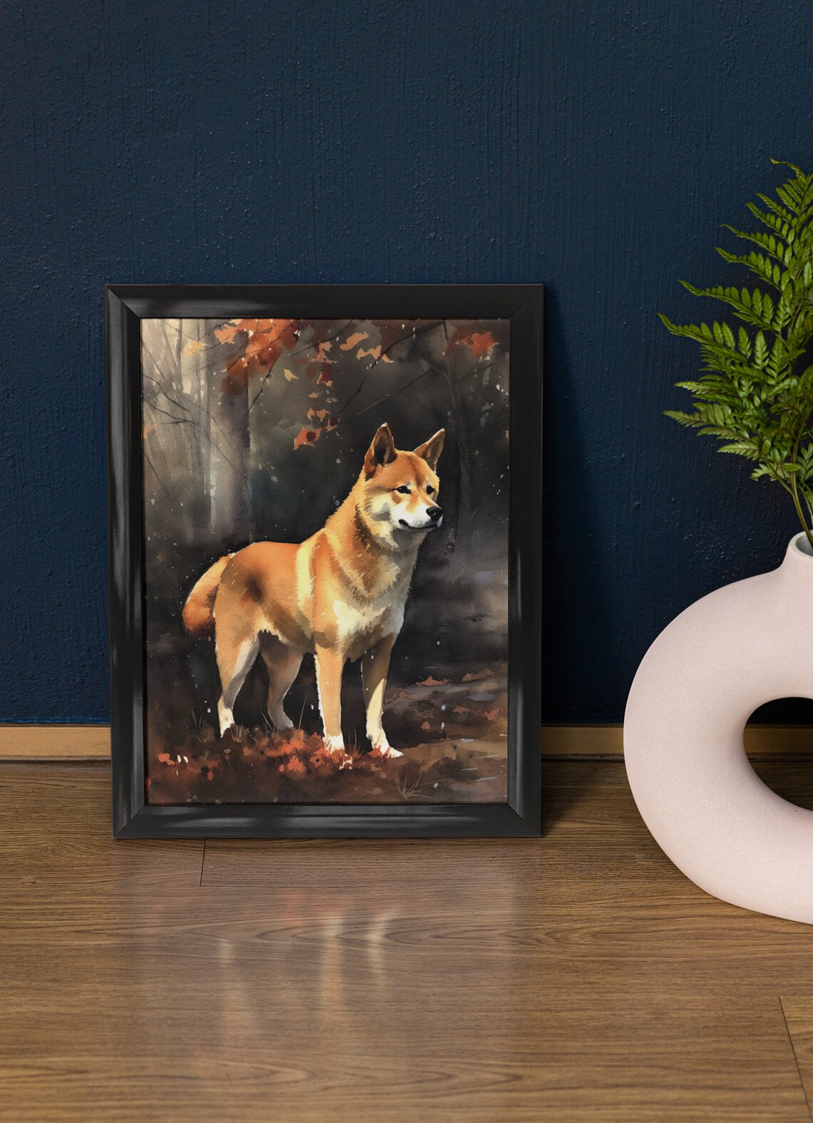 Shiba Inu Standing In Autumn Forest Golden Watercolor Dog Print