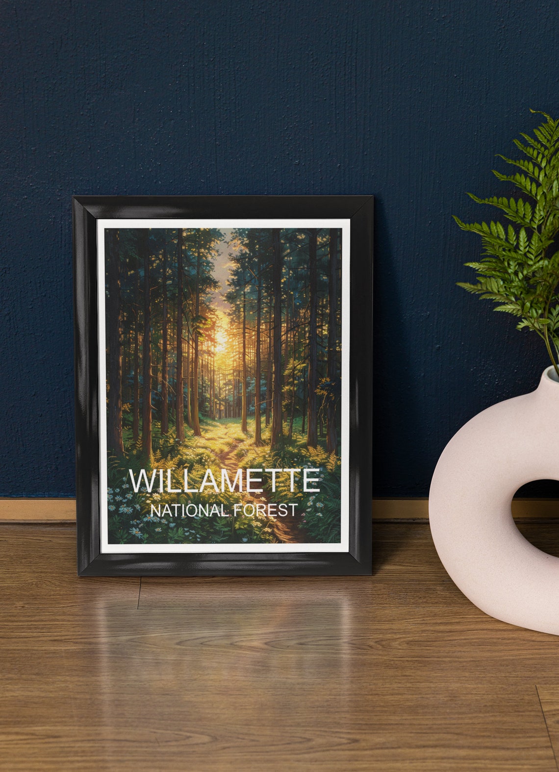 Willamette National Forest Sunlit Pine Trail Path Watercolor Poster