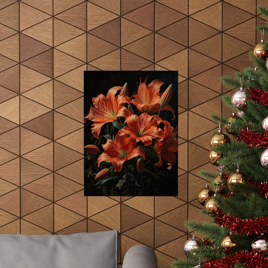 Orange Tiger Lily Blossoms Moody Black Background Floral Art Print - Image 3