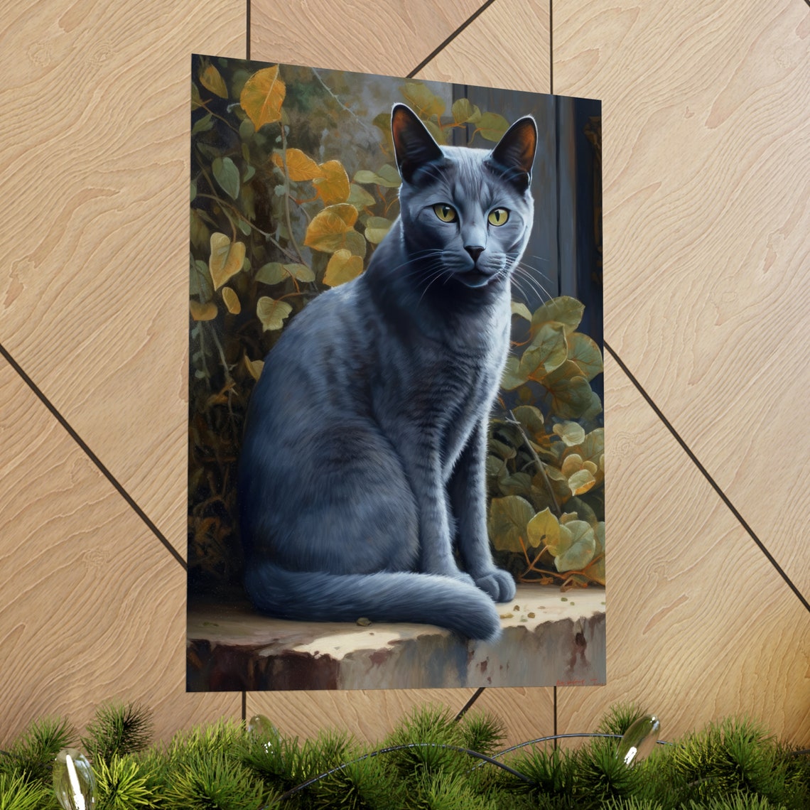 Russian Blue Cat Green Eyes Leafy Garden Portrait Art Poster - Image 2