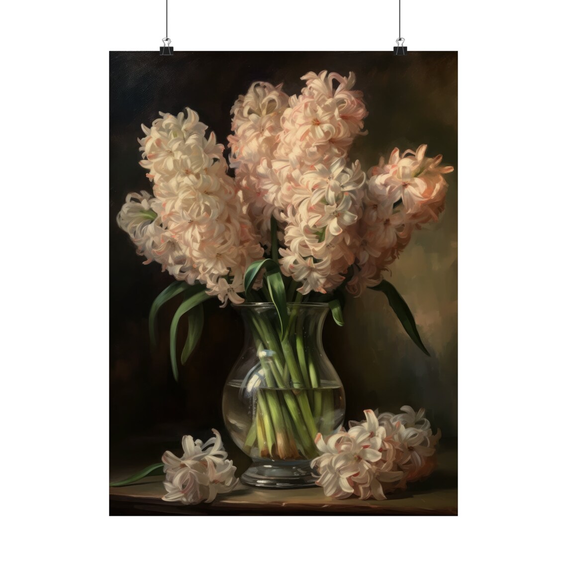 Blush Hyacinth Blooms Glass Vase Dark Moody Still Life Flower Poster - Image 5