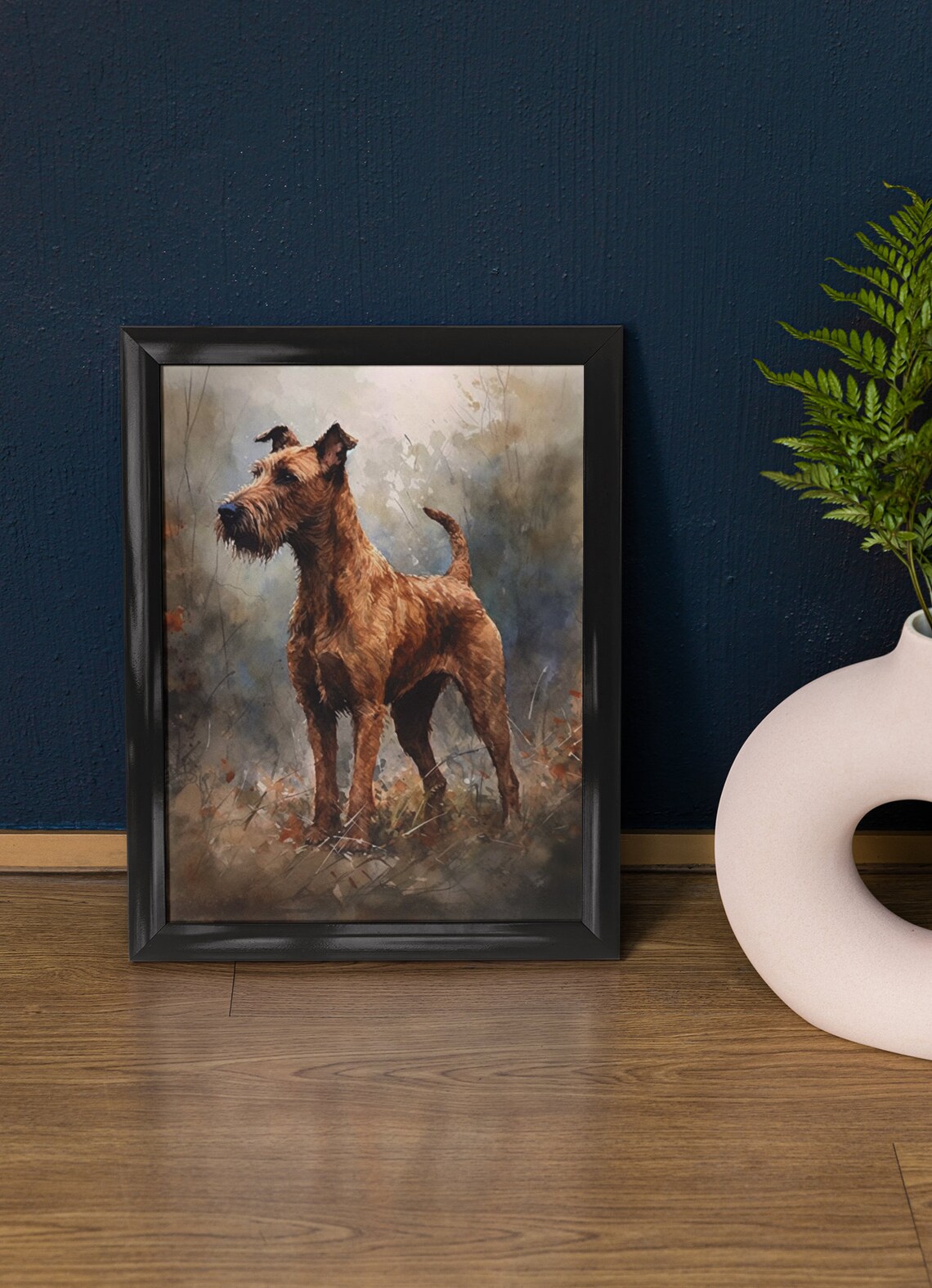 Irish Terrier Standing Alert in Autumn Watercolor Dog Art Print