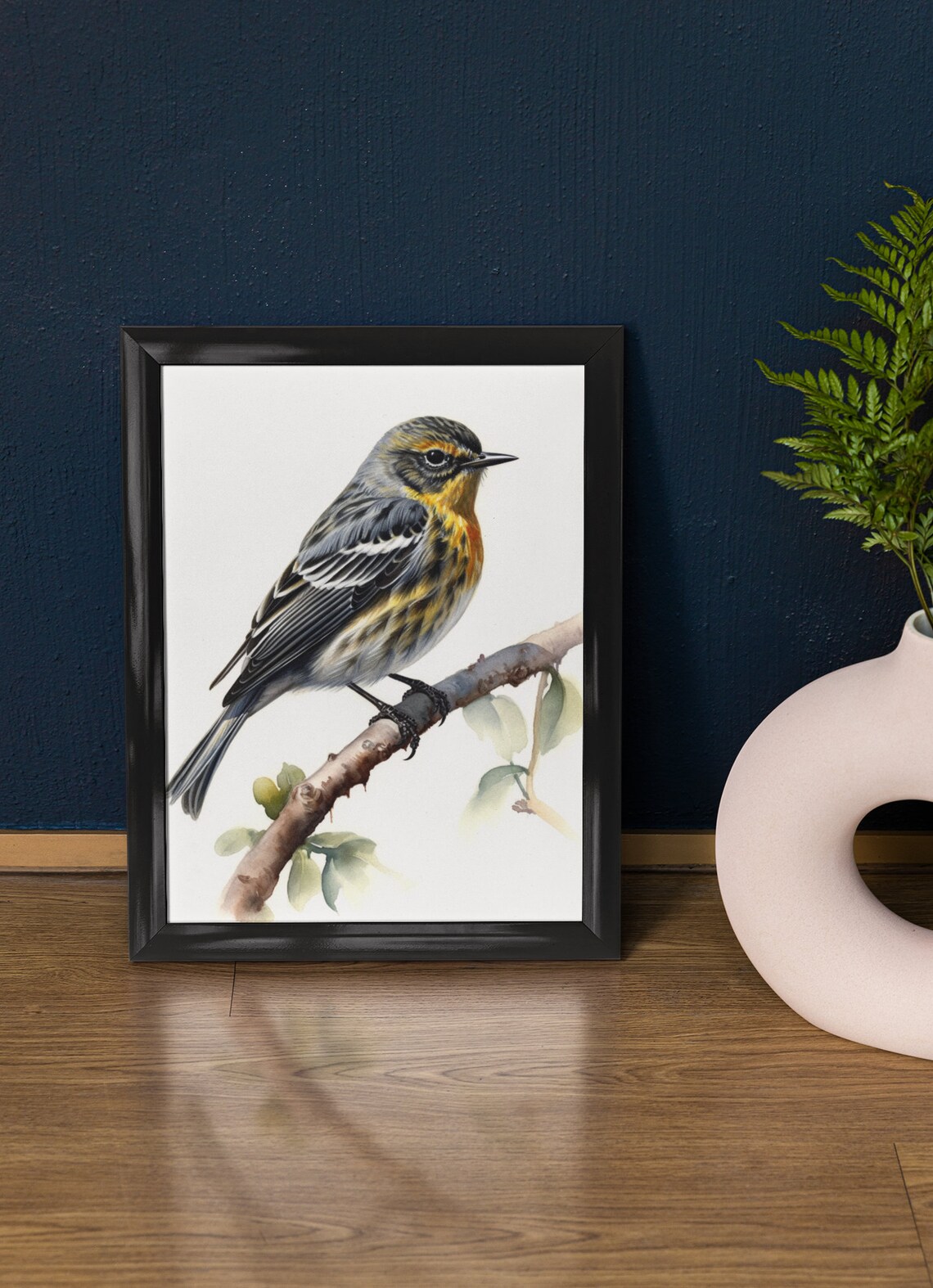 Yellow Rumped Warbler Bird Watercolor Perched Branch Fine Art Poster