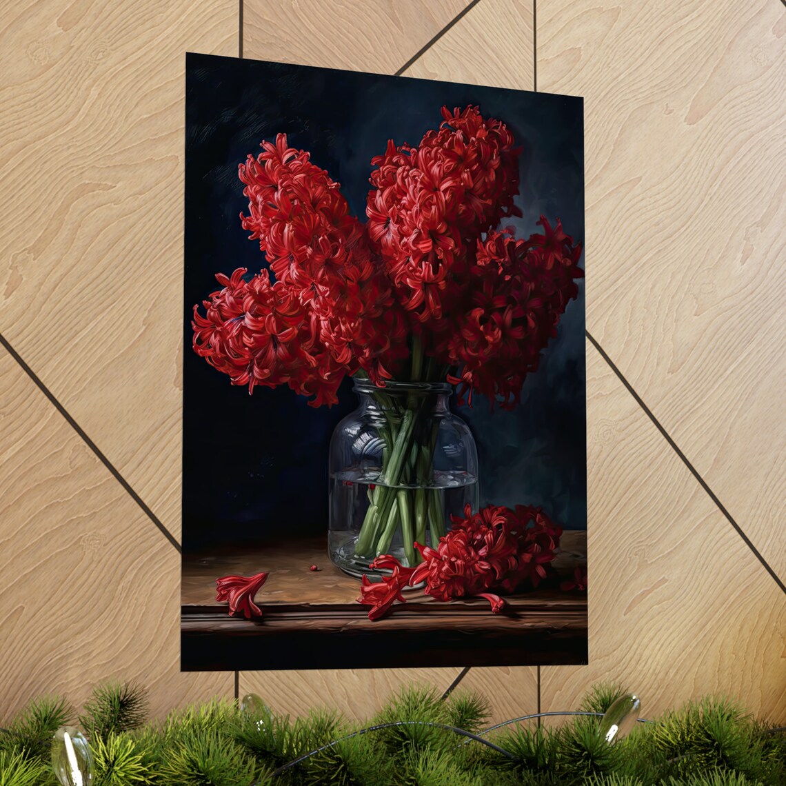 Crimson Red Hyacinth Bouquet Glass Jar Dark Still Life Flower Poster - Image 2