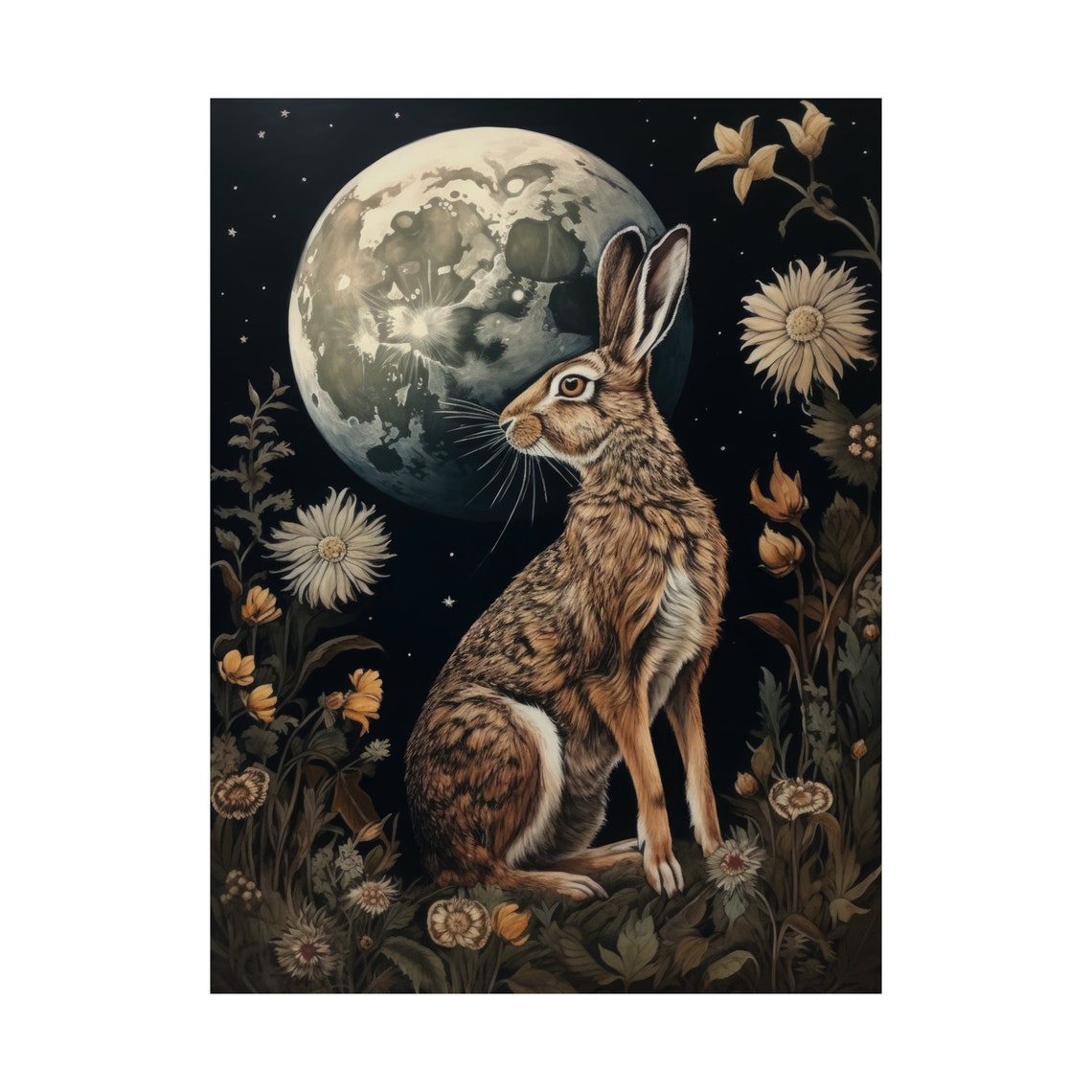 Wild Hare and Full Moon Dark Cottagecore Floral Night Poster - Image 4