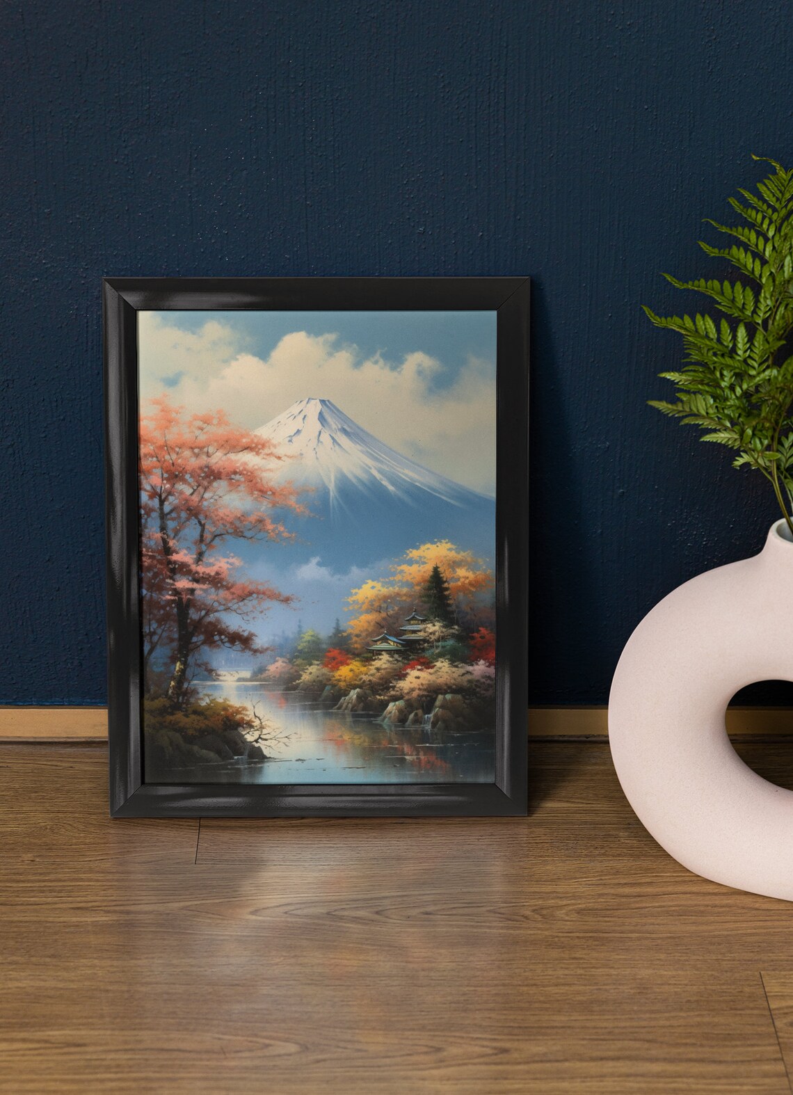 Mt Fuji Autumn Cherry Blossoms Lake Pagoda Colorful Travel Poster